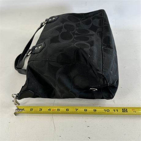 Black satin C pattern satchel with leather trim, double handles and shoulder strap, view 6