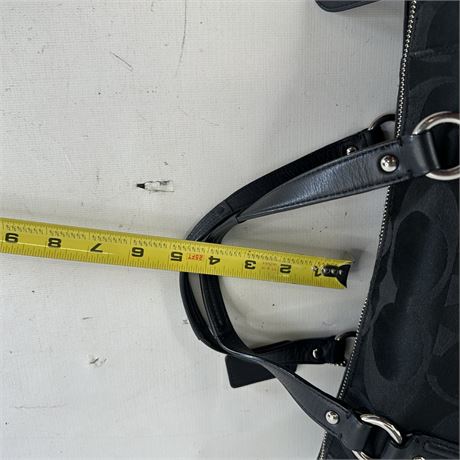 Black satin C pattern satchel with leather trim, double handles and shoulder strap, view 7
