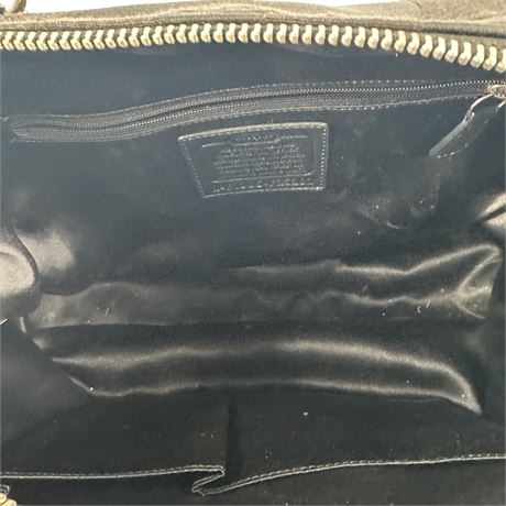 Black satin C pattern satchel with leather trim, double handles and shoulder strap, view 8