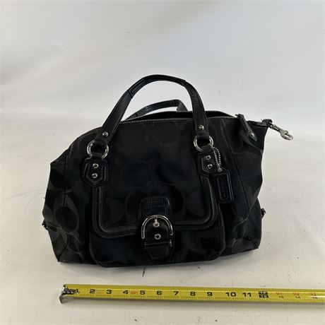 Black satin C pattern satchel with leather trim, double handles and shoulder strap, view 9