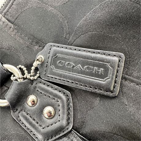 Coach Signature Black Satin & Leather Satchel Handbag, 15 x 12 x 5 [C769]
