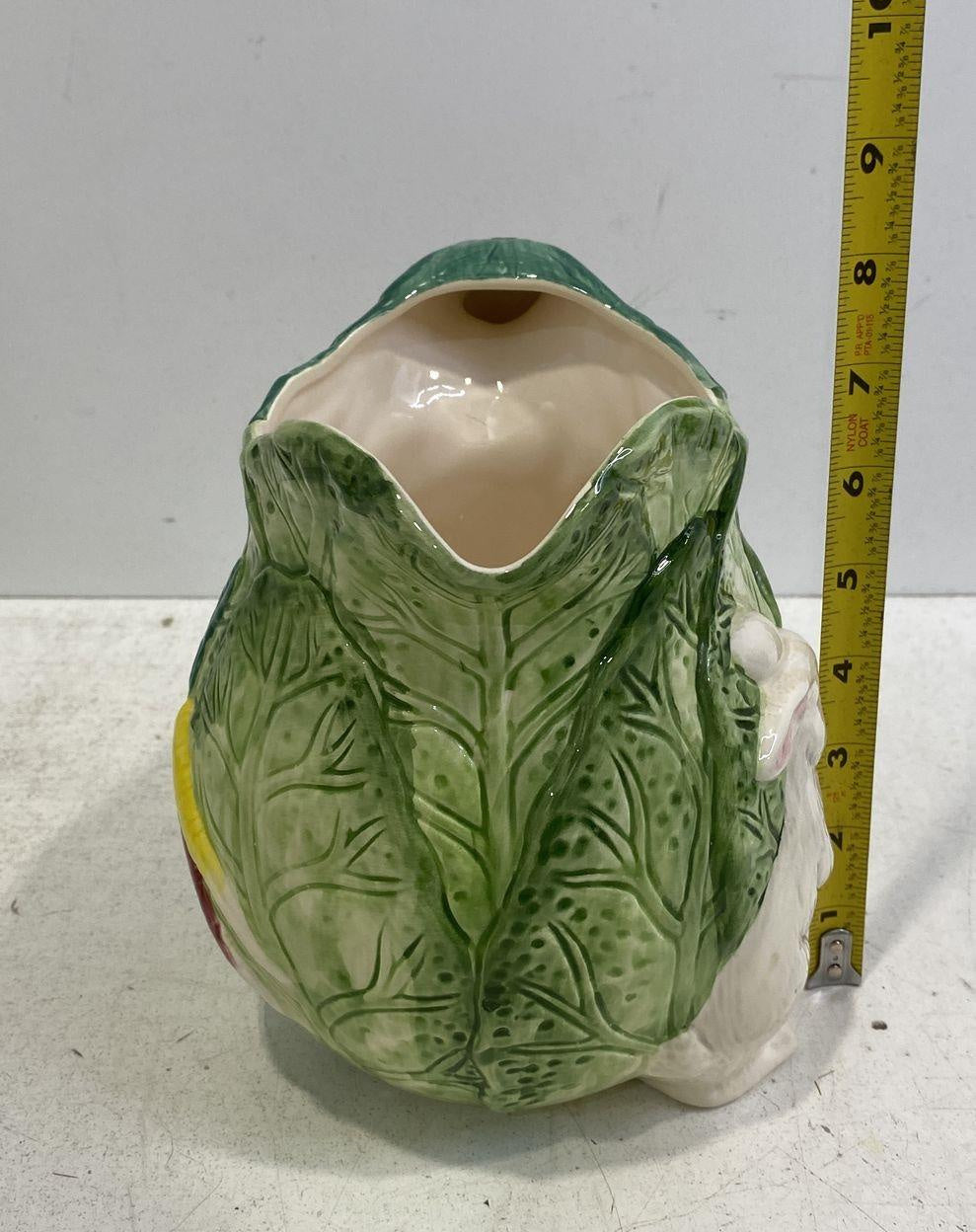 Green ceramic cabbage leaf pitcher, creamer and lidded sugar bowl with white rabbits and carrots, view 7