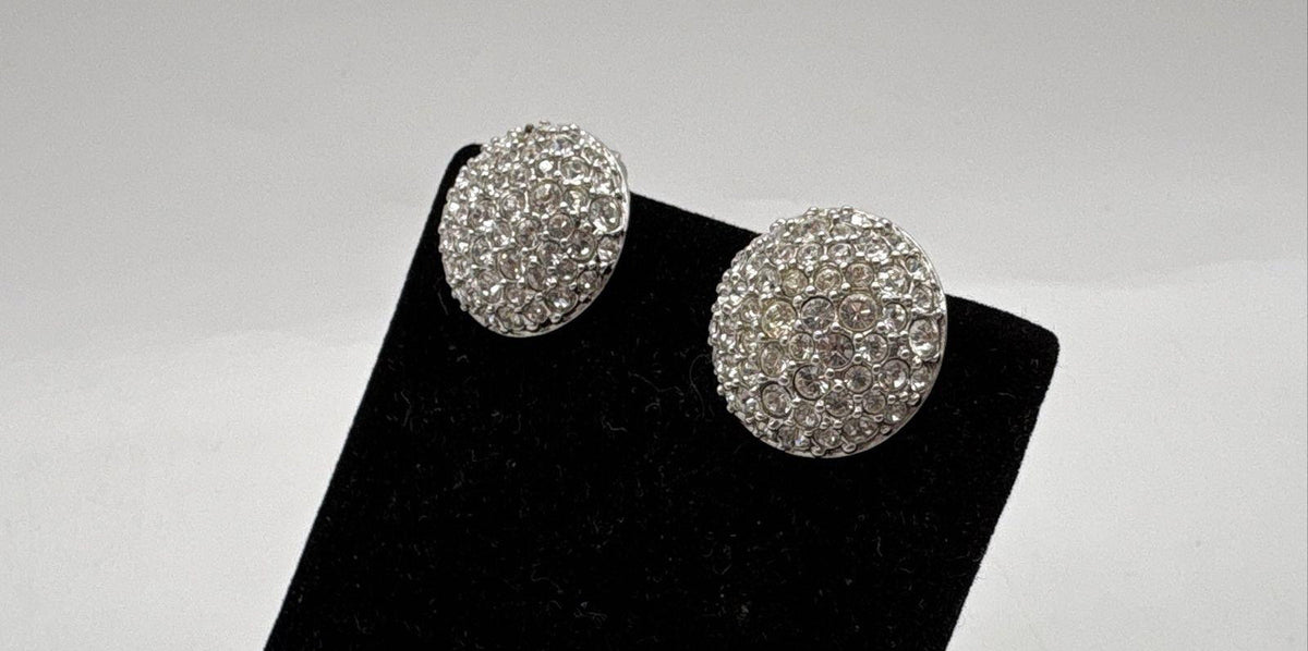 Signed Swarovski silver-tone dome clip-on earrings fully pavé-set with clear crystals, view 4