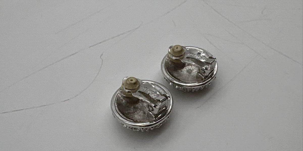 Signed Swarovski silver-tone dome clip-on earrings fully pavé-set with clear crystals, view 6