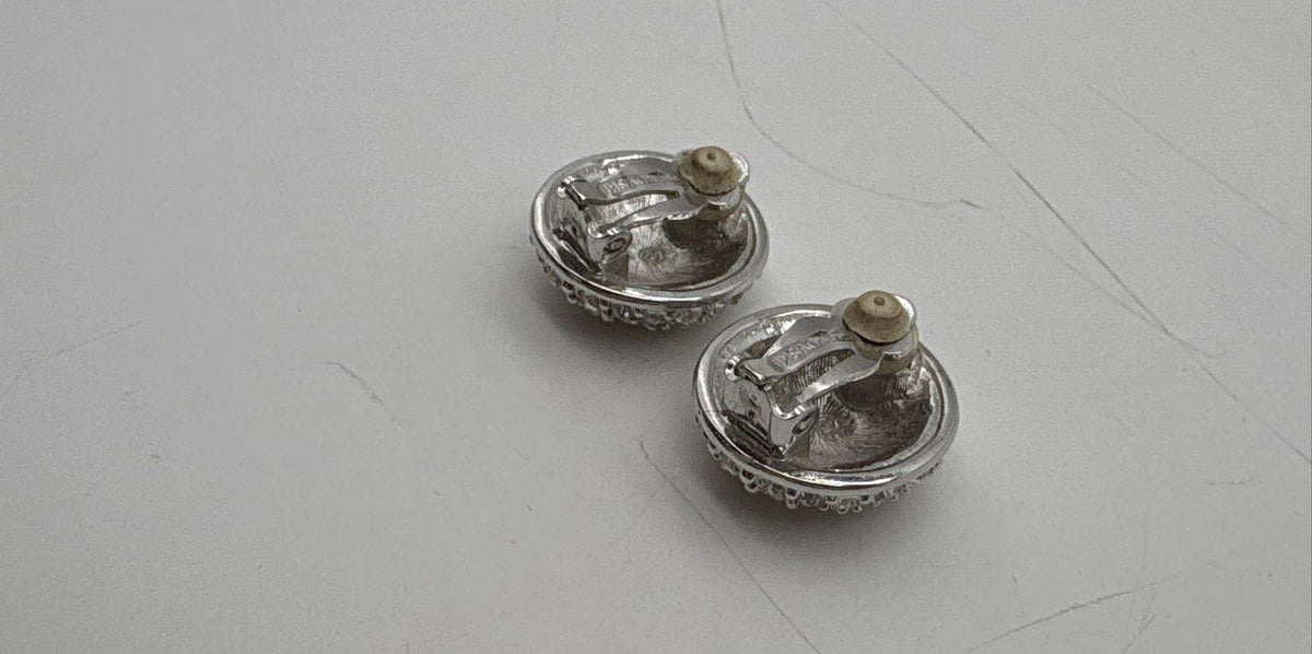 Signed Swarovski silver-tone dome clip-on earrings fully pavé-set with clear crystals, view 7