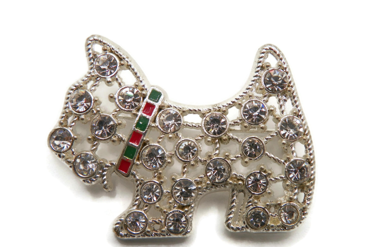 Silver-tone Scottie dog brooch with clear rhinestones and red and green enamel collar, view 2