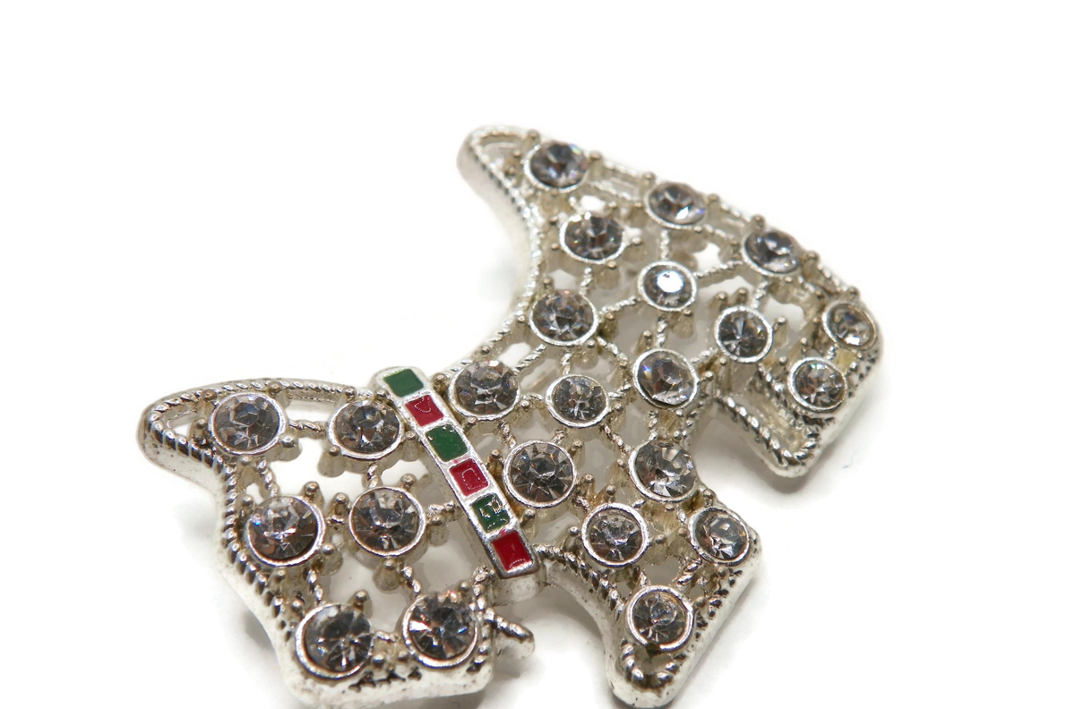 Silver-tone Scottie dog brooch with clear rhinestones and red and green enamel collar, view 3