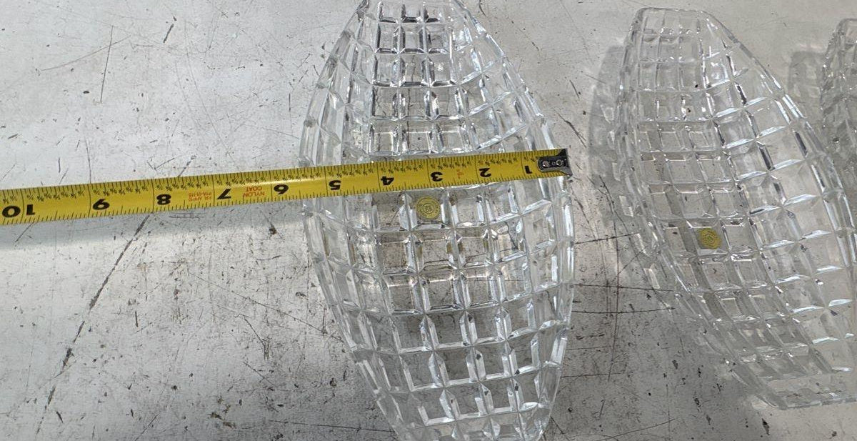Three clear oval glass serving trays with raised diamond-grid pattern, view 7