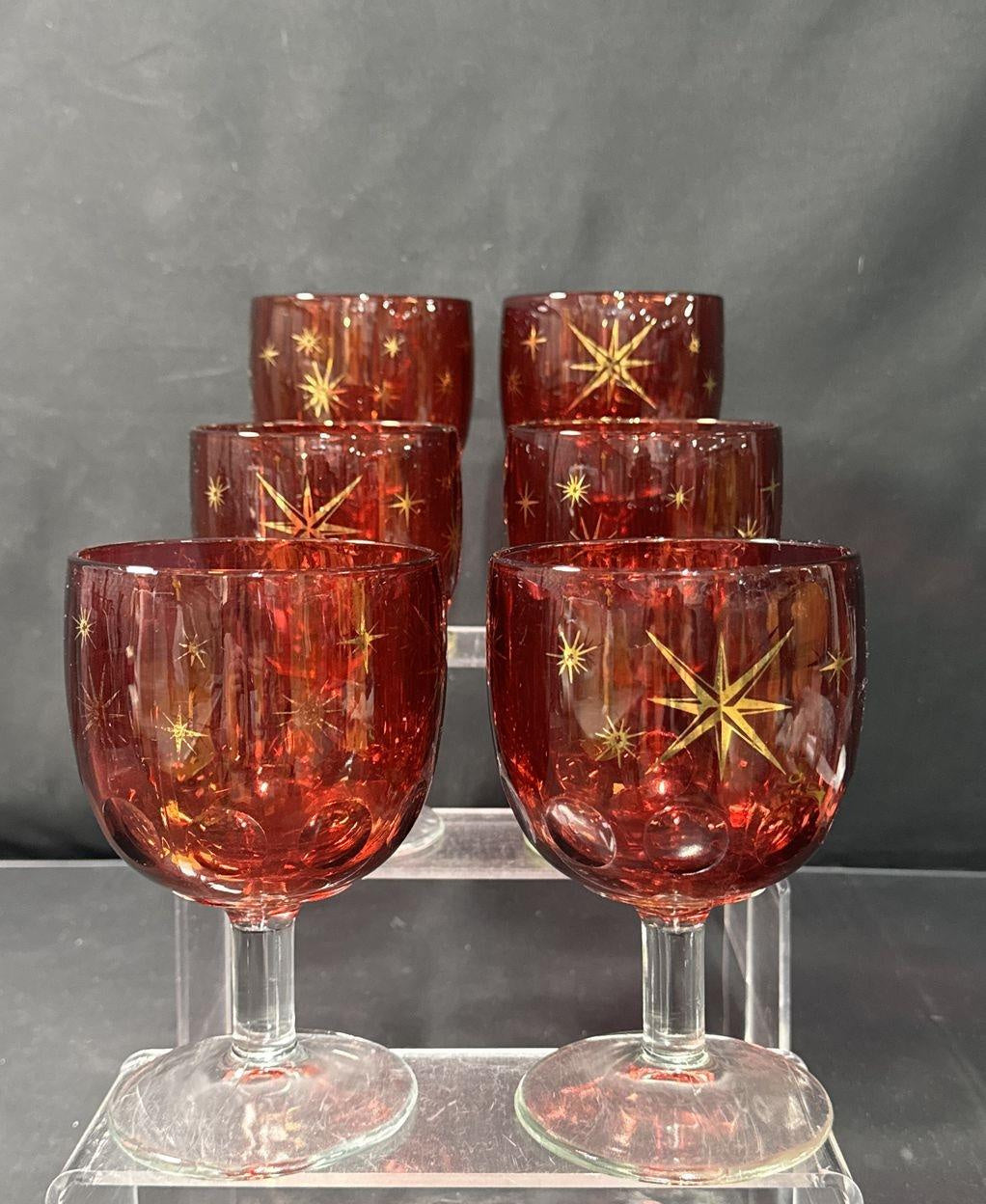 Vintage Ruby Red MCM Atomic Starburst Wine Goblets Set of 6 with Gold Detail
