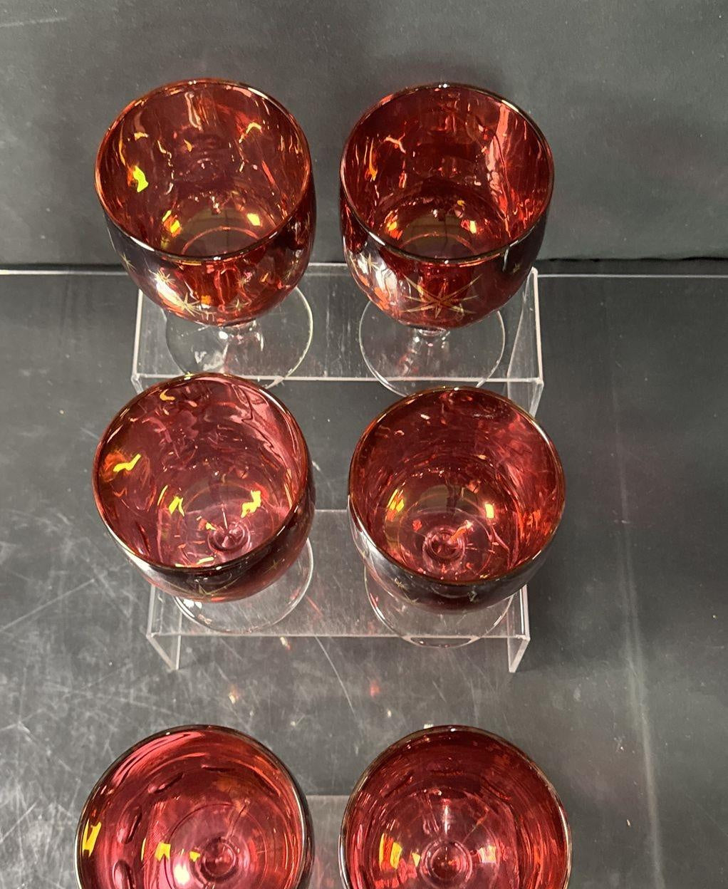 Vintage Ruby Red MCM Atomic Starburst Wine Goblets Set of 6 with Gold Detail