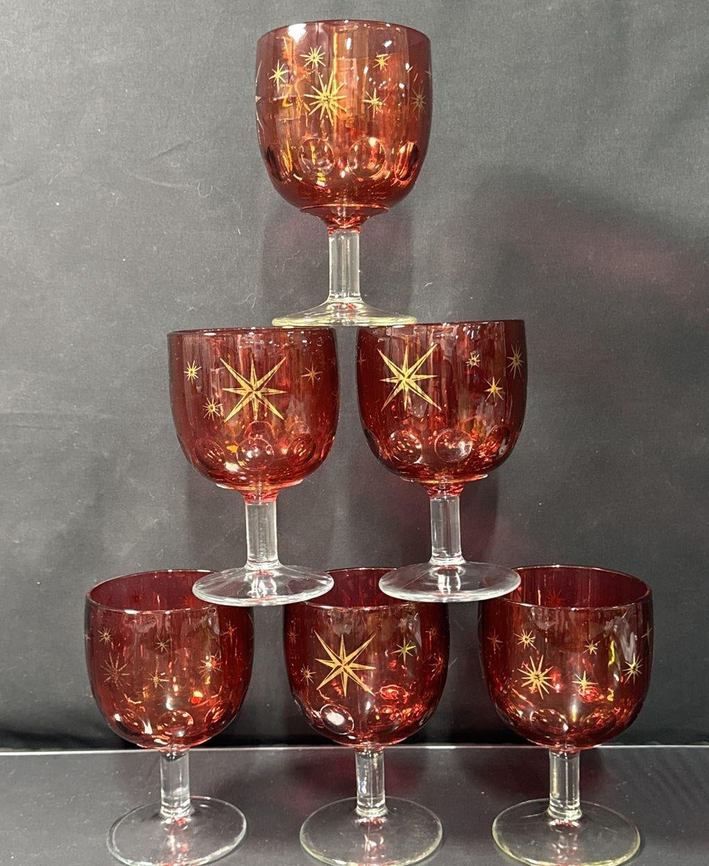 Vintage Ruby Red MCM Atomic Starburst Wine Goblets Set of 6 with Gold Detail
