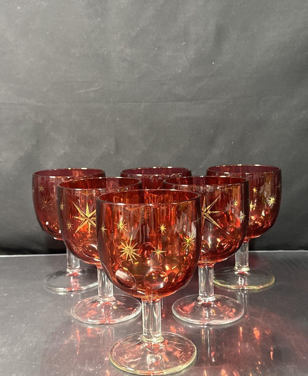 Vintage Ruby Red MCM Atomic Starburst Wine Goblets Set of 6 with Gold Detail