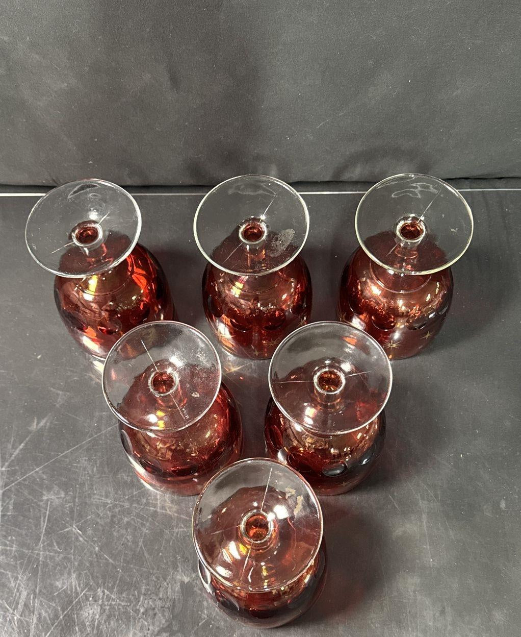Vintage Ruby Red MCM Atomic Starburst Wine Goblets Set of 6 with Gold Detail
