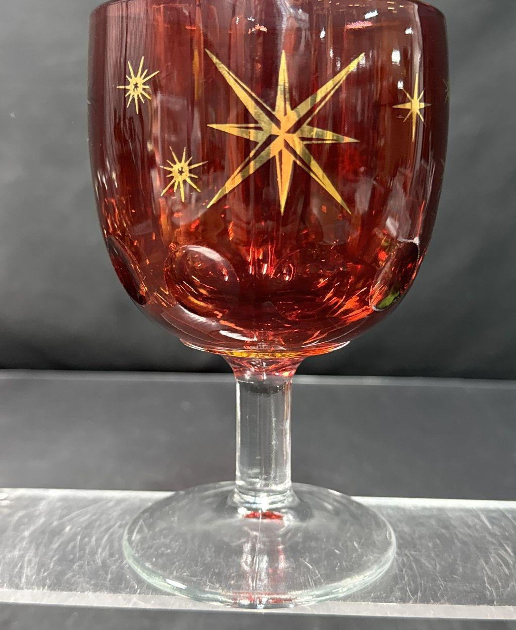 Vintage Ruby Red MCM Atomic Starburst Wine Goblets Set of 6 with Gold Detail