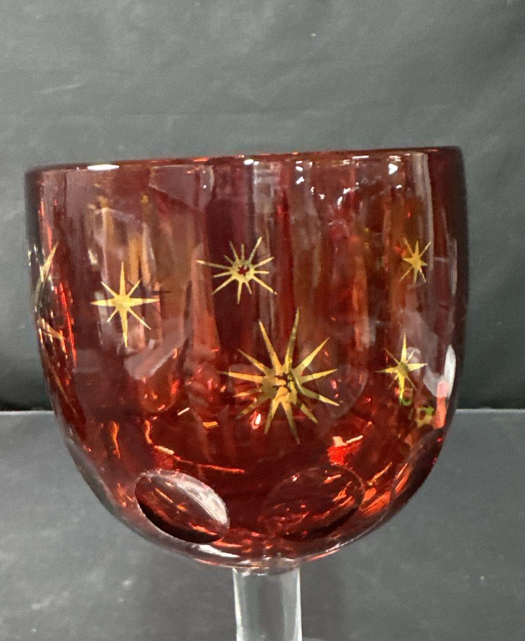 Vintage Ruby Red MCM Atomic Starburst Wine Goblets Set of 6 with Gold Detail