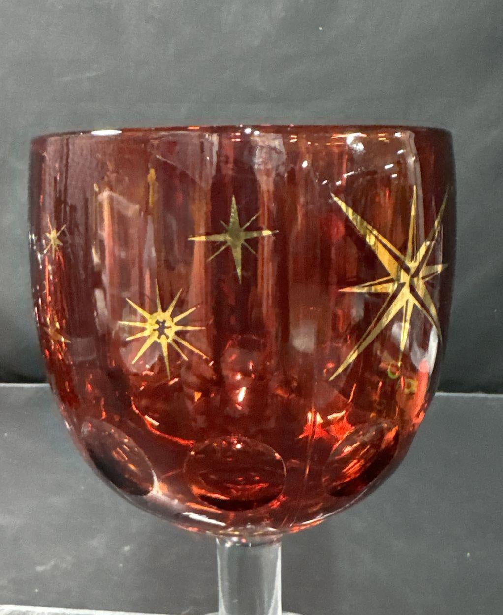 Vintage Ruby Red MCM Atomic Starburst Wine Goblets Set of 6 with Gold Detail