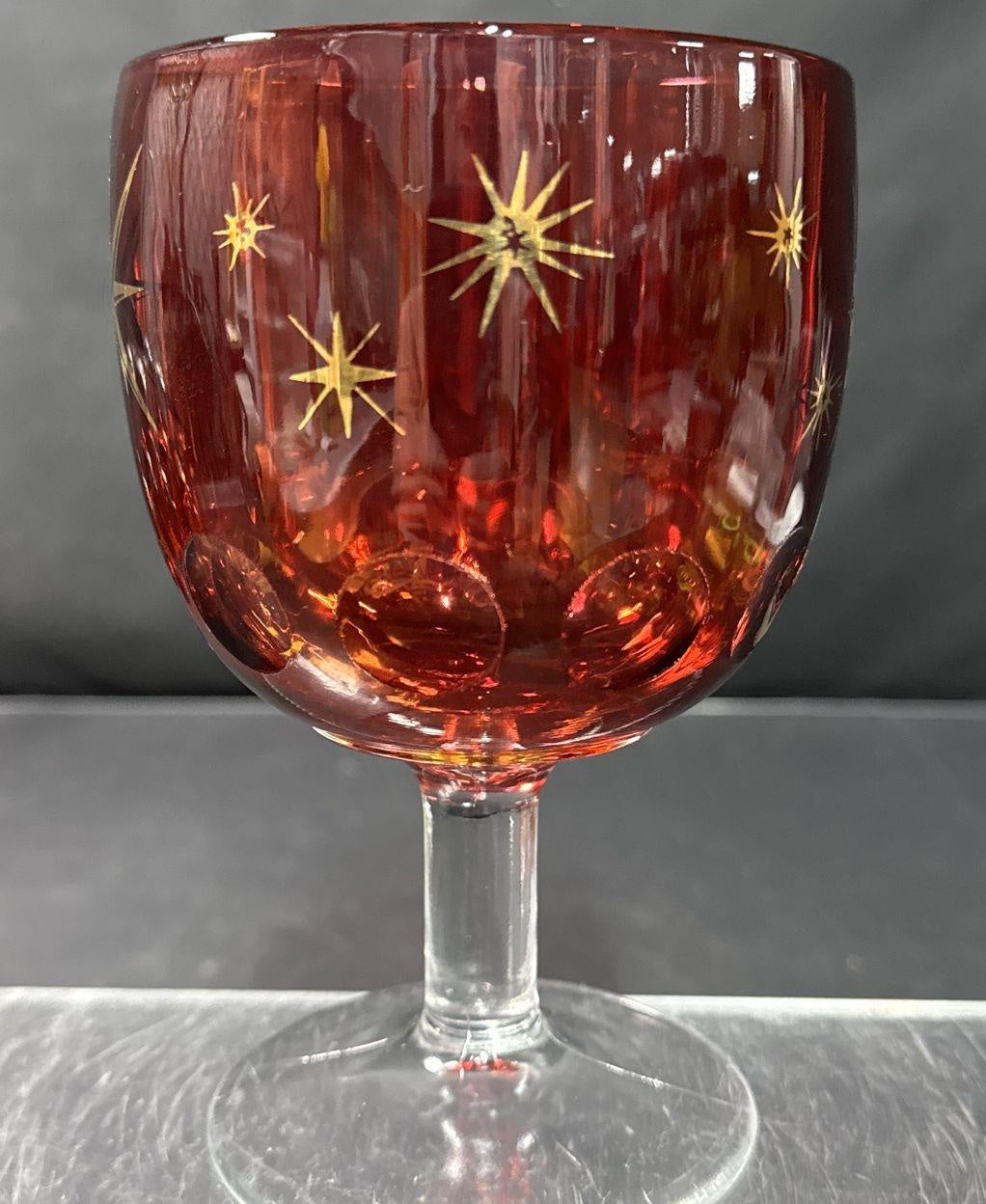 Vintage Ruby Red MCM Atomic Starburst Wine Goblets Set of 6 with Gold Detail