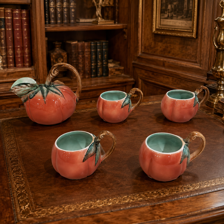 Vintage Ancora Italian Hand Painted Pumpkin Pitcher & Mugs Tea Set