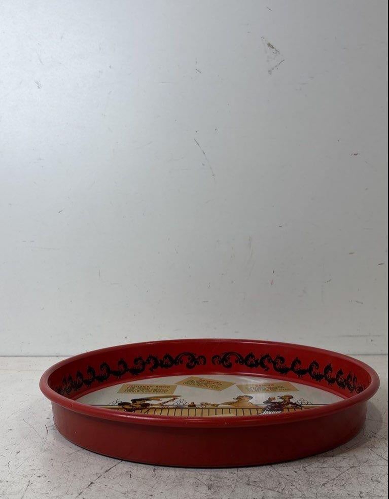 Round red metal cocktail tray with bar scene and printed classic cocktail recipes, view 2