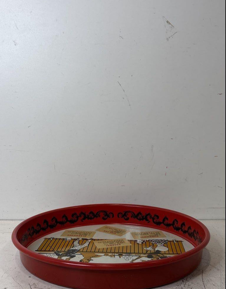 Round red metal cocktail tray with bar scene and printed classic cocktail recipes, view 4