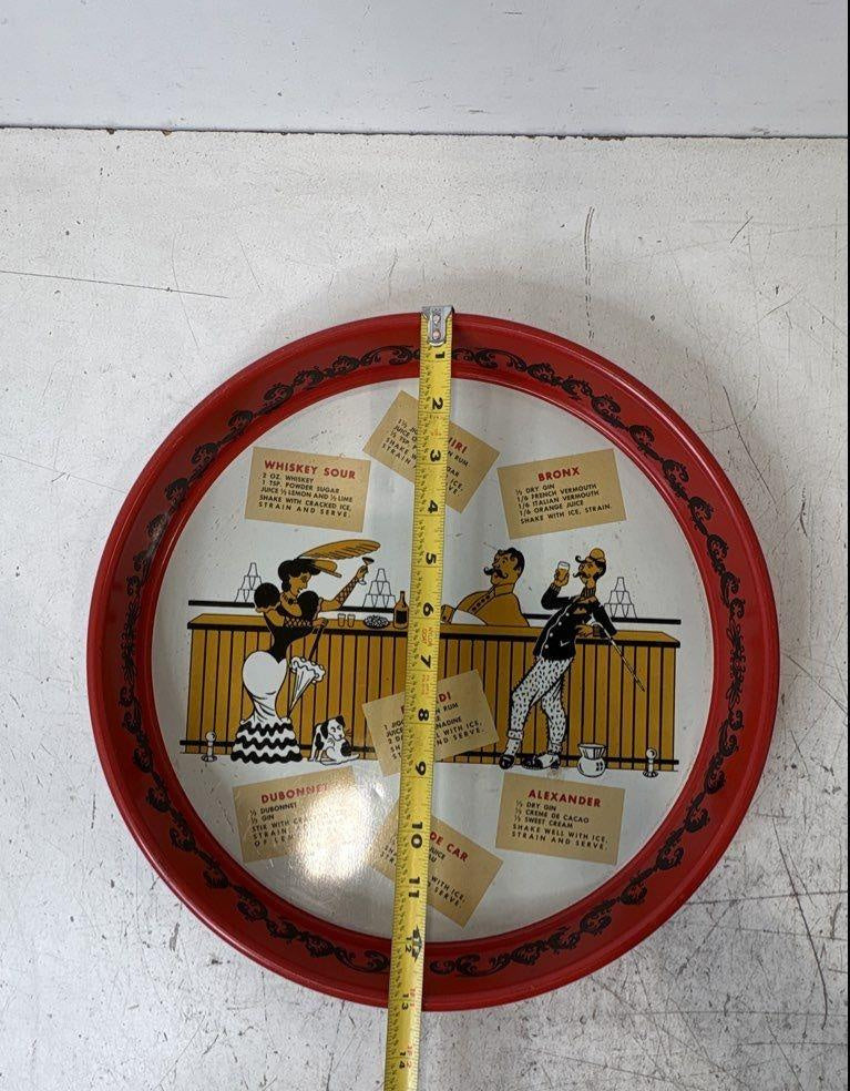 Round red metal cocktail tray with bar scene and printed classic cocktail recipes, view 7