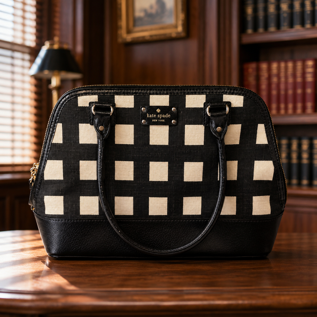 Kate Spade Black Cream Check Pattern Satchel Bag Purse With COA