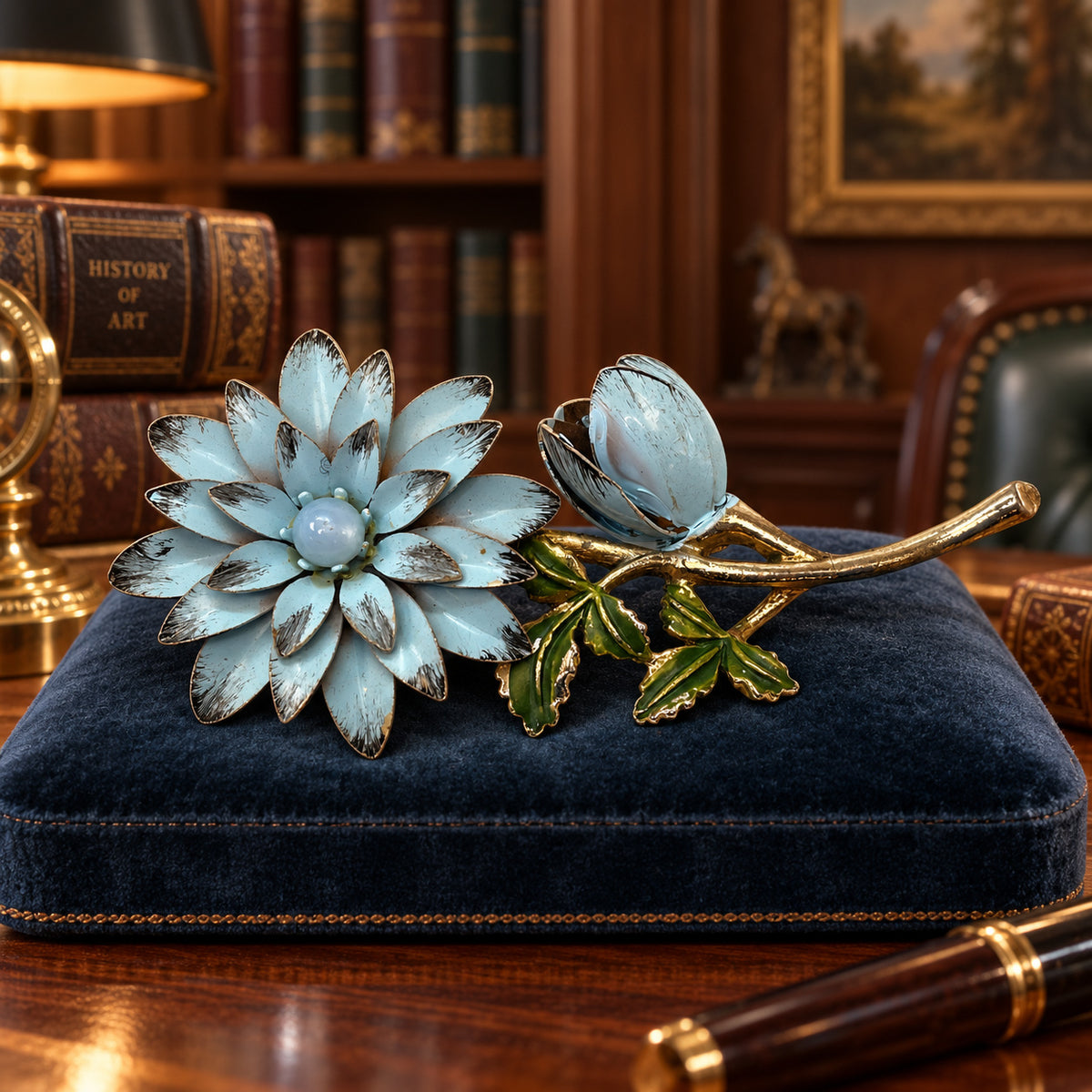 Circa 1960s Powder Blue Enamel Chrysanthemum Flower and Bud Brooch with Green Enamel Leaves, Gold-Tone, Unsigned