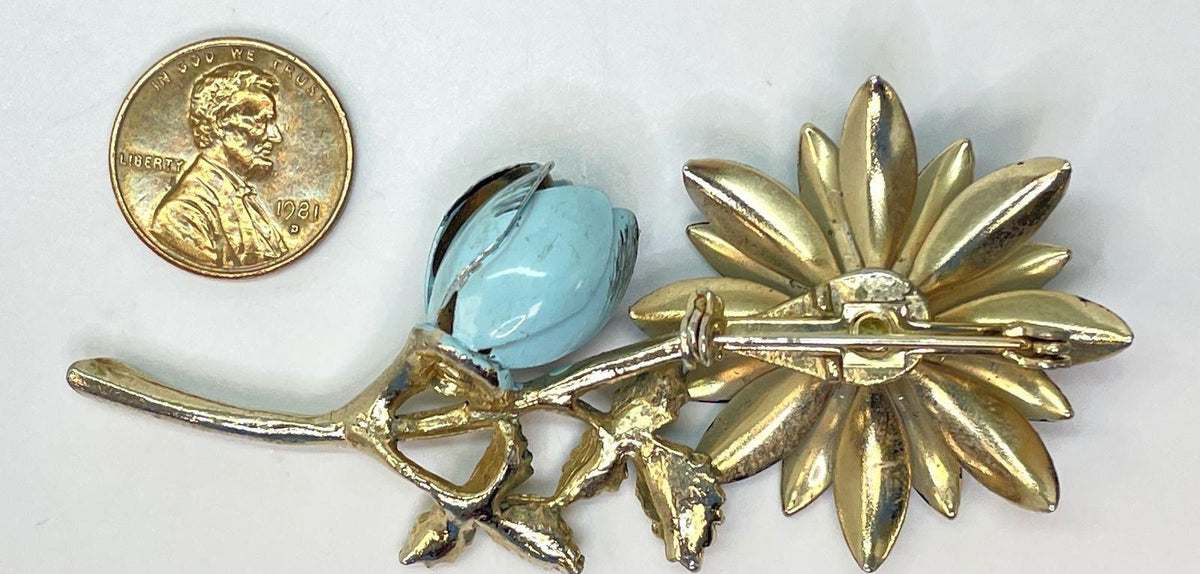 Circa 1960s Powder Blue Enamel Chrysanthemum Flower and Bud Brooch with Green Enamel Leaves, Gold-Tone, Unsigned
