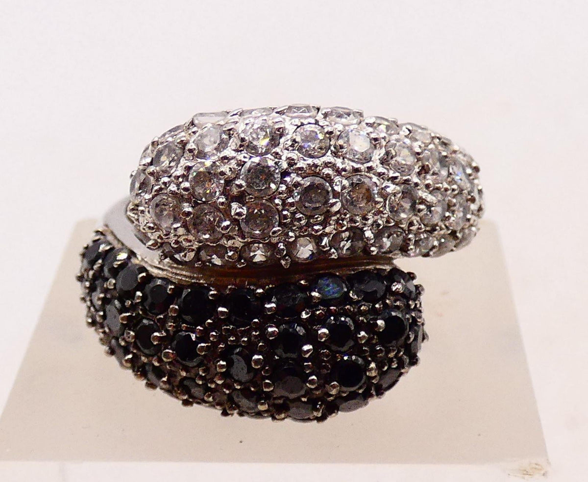 Silver wrap band ring with white, dark blue and black cubic zirconia pavé, view 2
