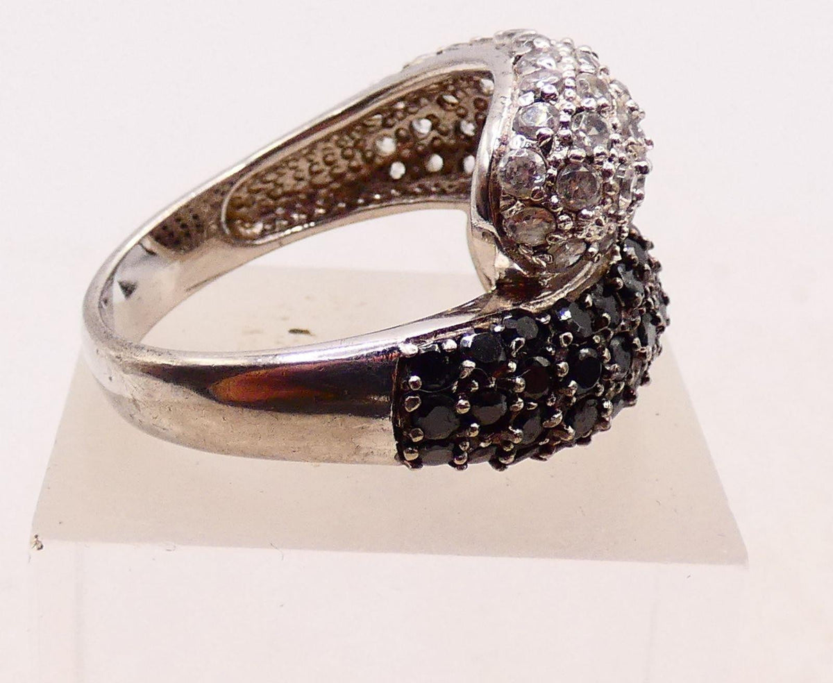 Silver wrap band ring with white, dark blue and black cubic zirconia pavé, view 3