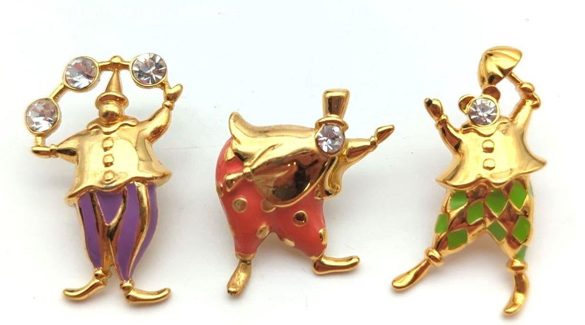 Three signed Trifari gold-tone enamel clown brooches with rhinestone accents, view 2
