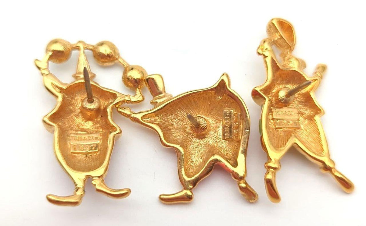 Three signed Trifari gold-tone enamel clown brooches with rhinestone accents, view 4