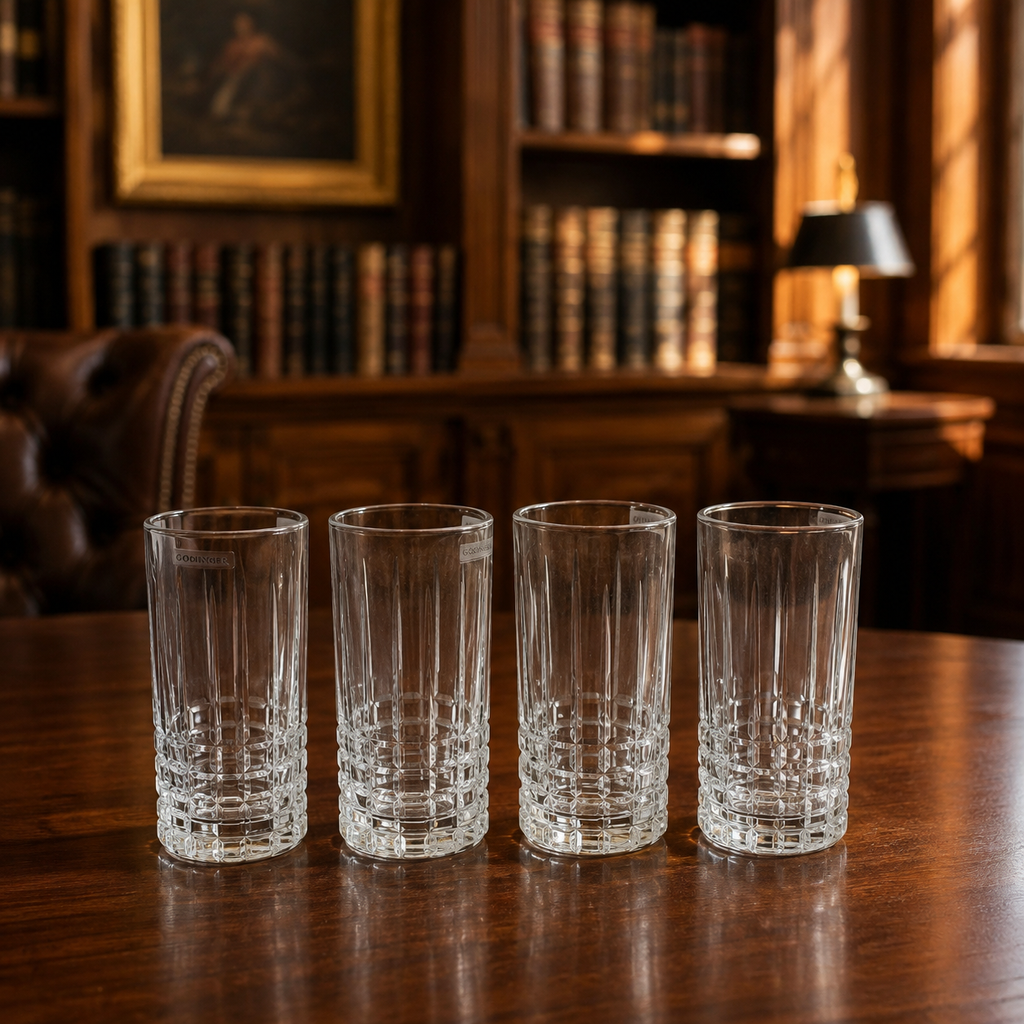 Set of 4 Godinger Clear Glass Highball Glasses Faceted Base Medium Size