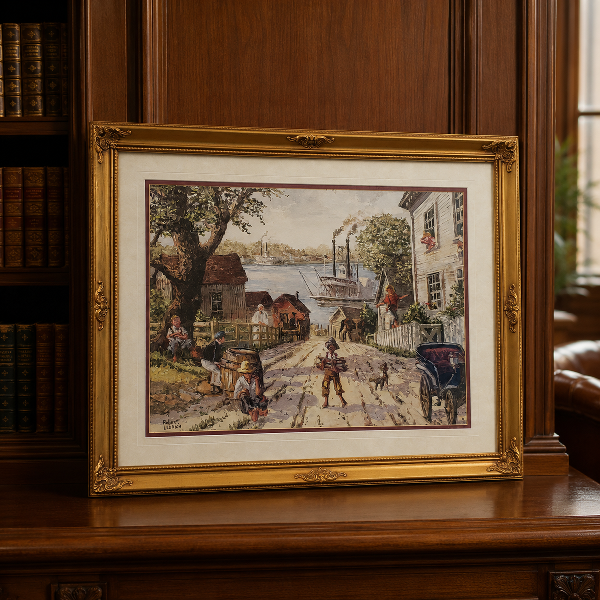 Robert Lebron New England fishing village print in ornate gold-tone frame with double mat