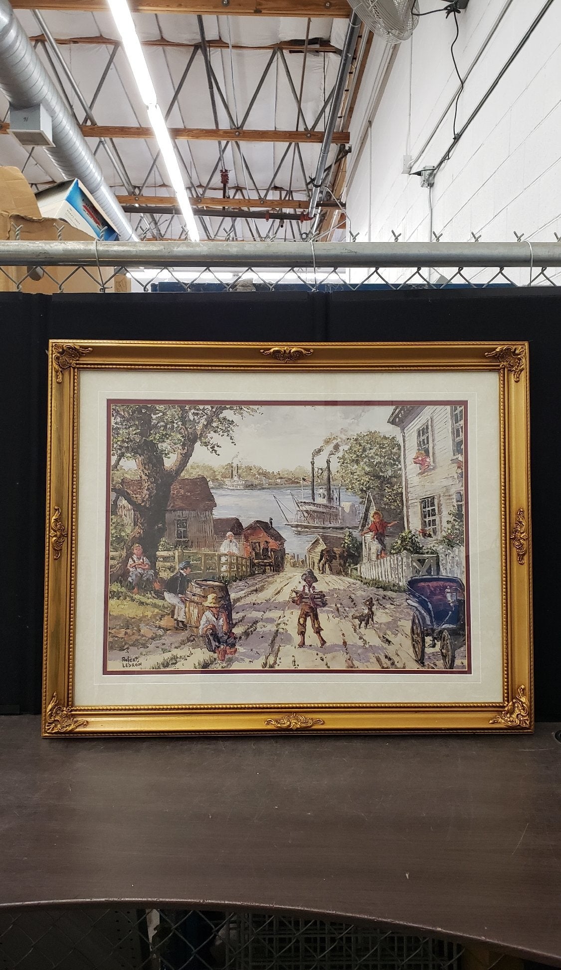 Robert Lebron New England fishing village print in ornate gold-tone frame with double mat, view 2