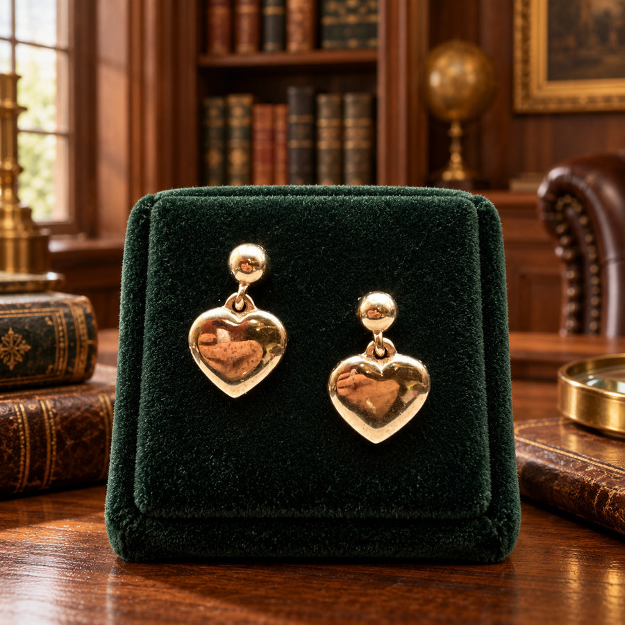 D'Joy rose-tone puffed heart drop earrings on ball post studs