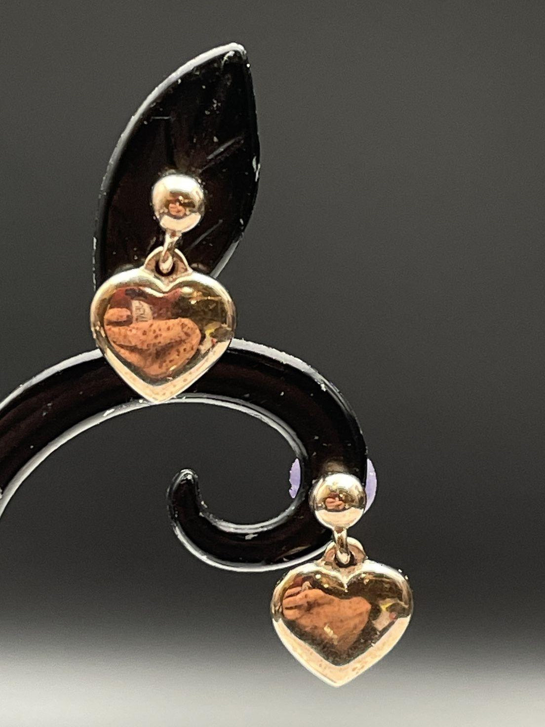 D'Joy rose-tone puffed heart drop earrings on ball post studs, view 2