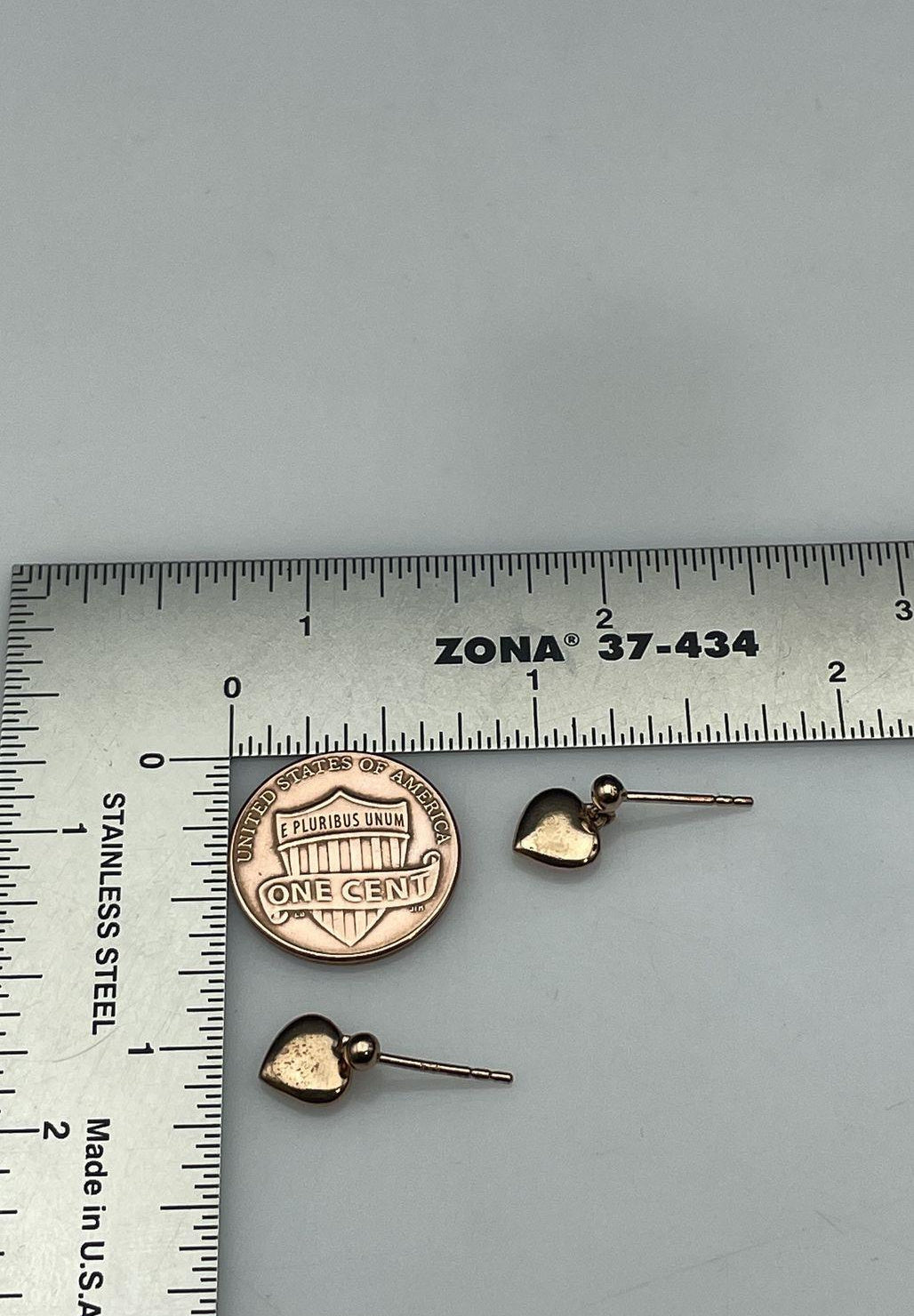 D'Joy rose-tone puffed heart drop earrings on ball post studs, view 7