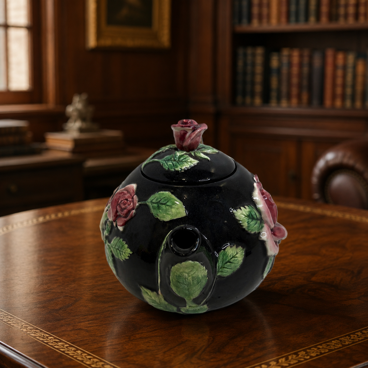 Fitz & Floyd "Midnight Rose" Prominent Molded Roses & Leaves Ceramic Teapot