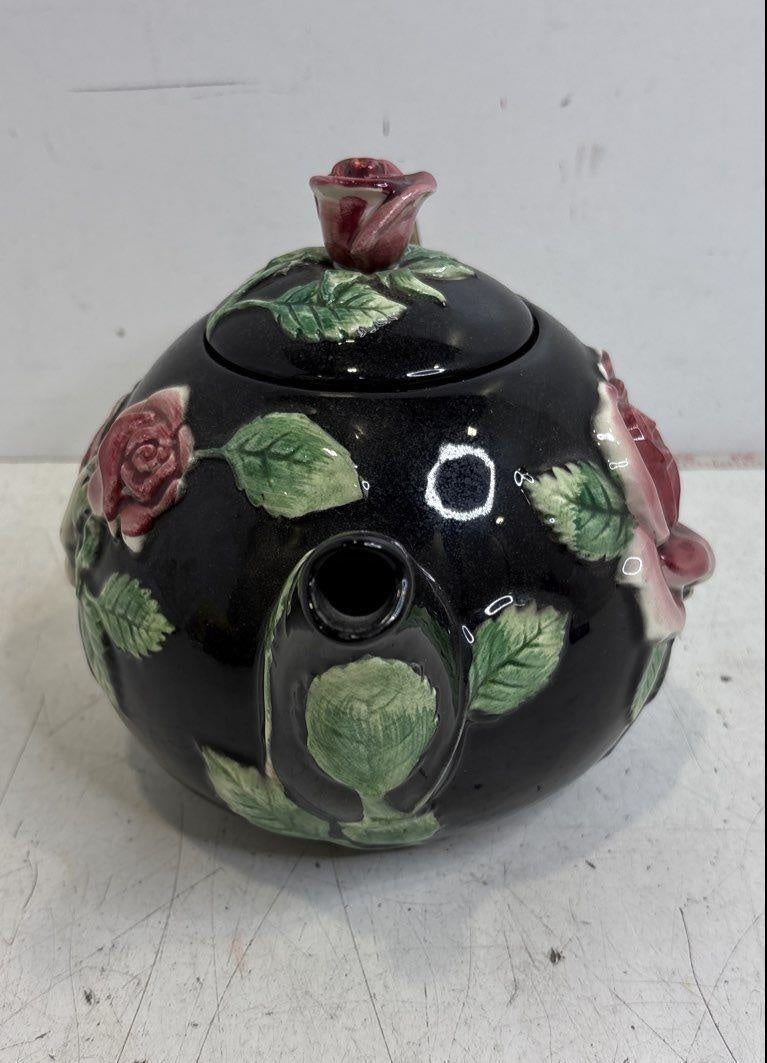 Fitz & Floyd "Midnight Rose" Prominent Molded Roses & Leaves Ceramic Teapot