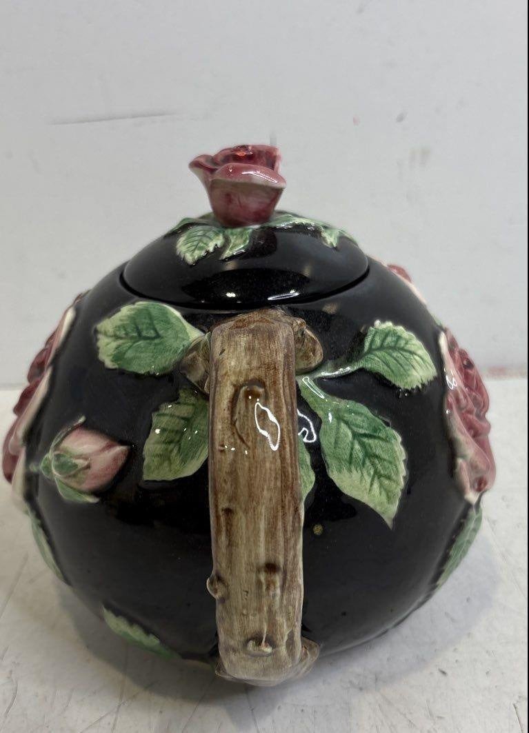 Fitz & Floyd "Midnight Rose" Prominent Molded Roses & Leaves Ceramic Teapot