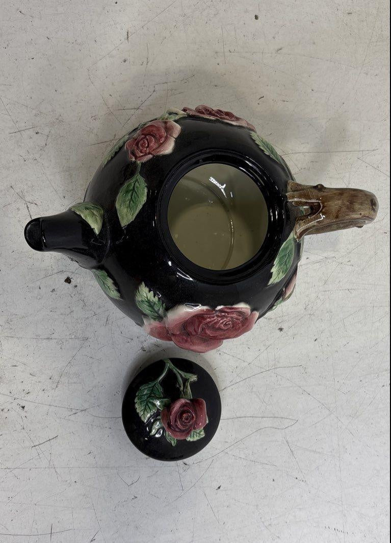Fitz & Floyd "Midnight Rose" Prominent Molded Roses & Leaves Ceramic Teapot