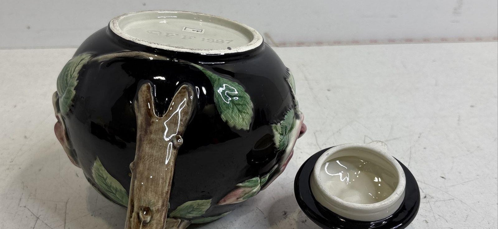 Fitz & Floyd "Midnight Rose" Prominent Molded Roses & Leaves Ceramic Teapot