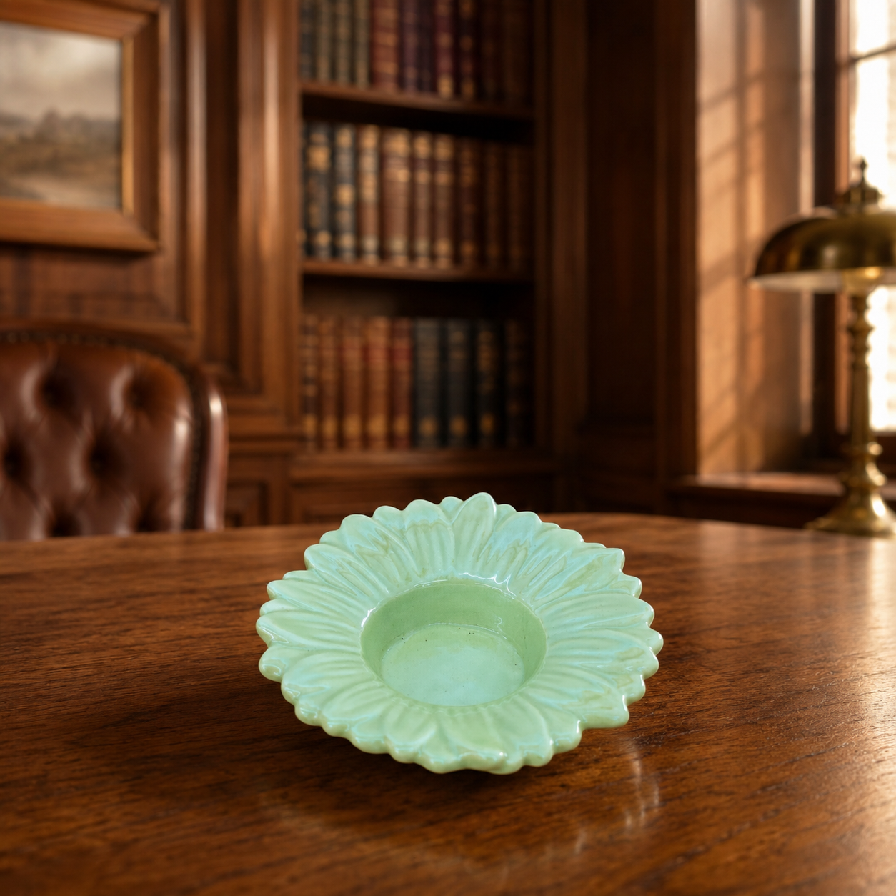 Vintage Small Ceramic Sunflower Dish Light Green Glaze Trinket Candy Holder