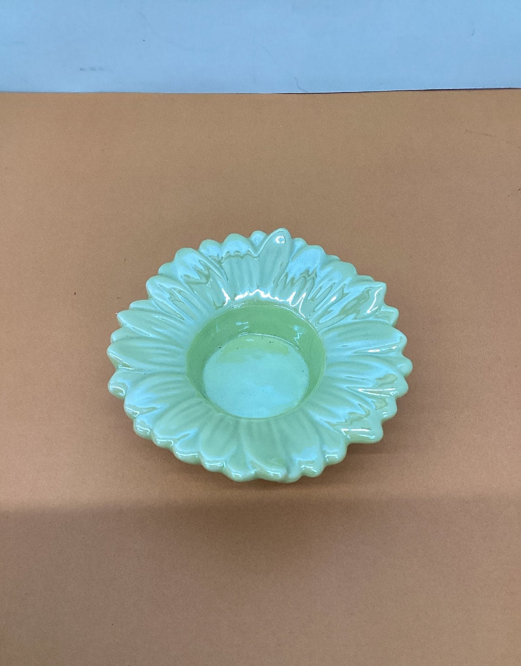 Vintage Small Ceramic Sunflower Dish Light Green Glaze Trinket Candy Holder