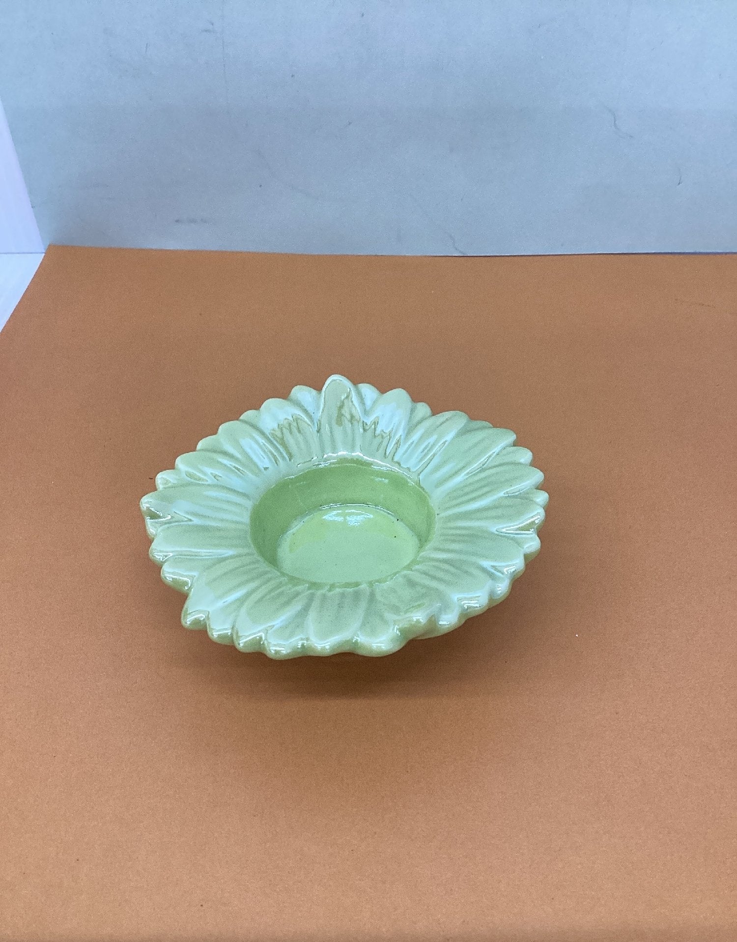 Vintage Small Ceramic Sunflower Dish Light Green Glaze Trinket Candy Holder