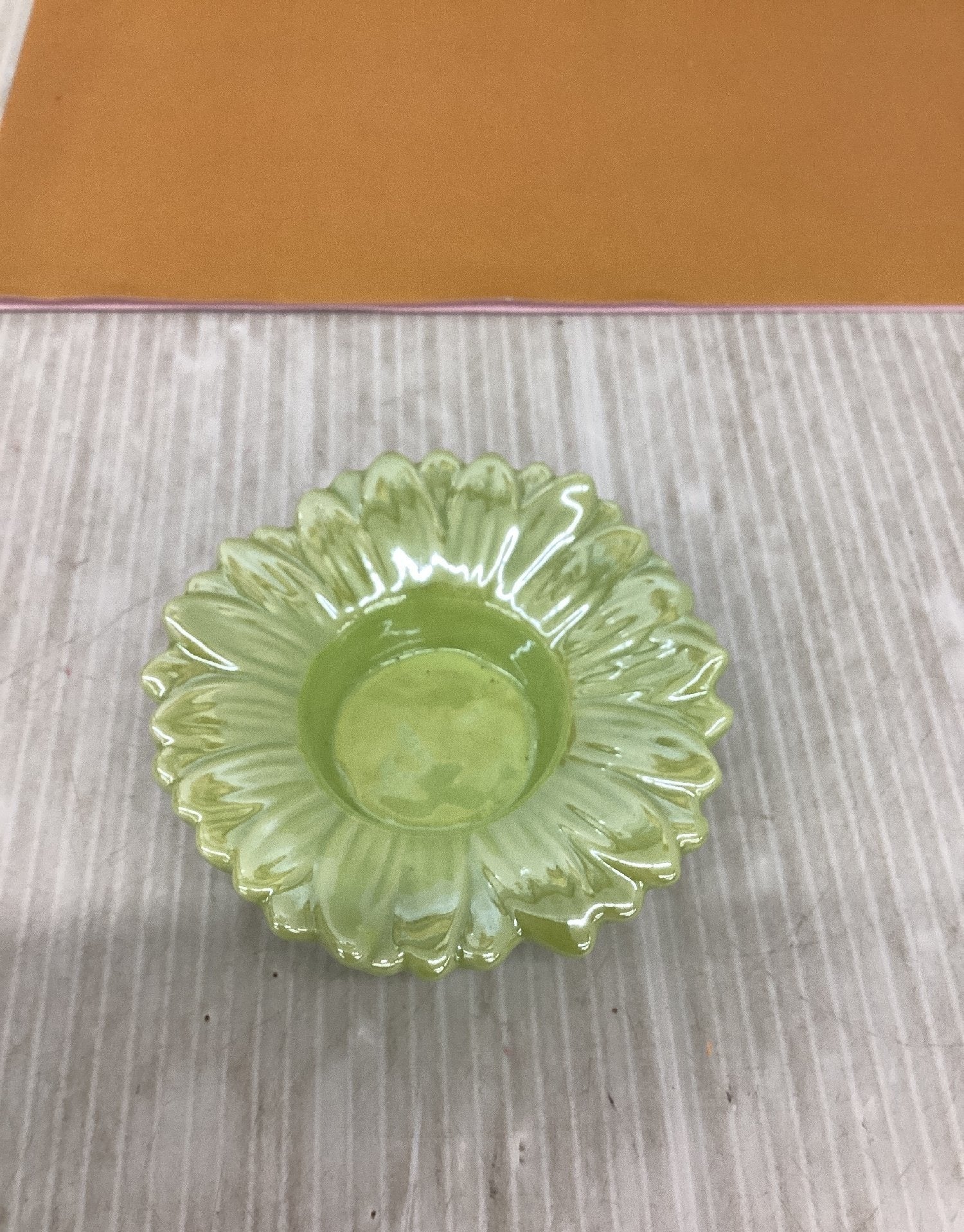 Vintage Small Ceramic Sunflower Dish Light Green Glaze Trinket Candy Holder