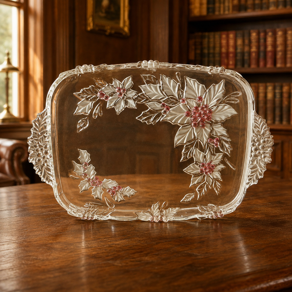 Poinsettia Holly Glass Serving Tray Platter Double Handle Frosted Pink Berries