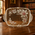 Poinsettia Holly Glass Serving Tray Platter Double Handle Frosted Pink Berries