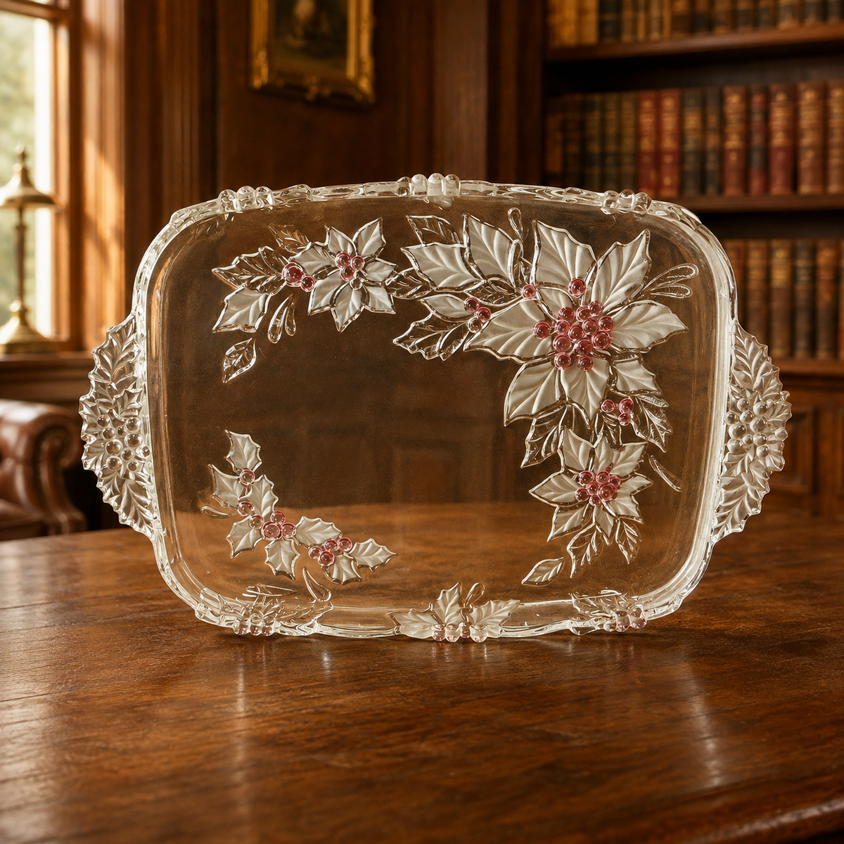 Poinsettia Holly Glass Serving Tray Platter Double Handle Frosted Pink Berries
